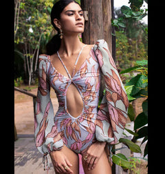 Vintage One Piece Swimsuit Female 2022 Long Sleeve Swimwear Women Plus Size Bathing Suit Print Bandage Summer Bathers Monokini